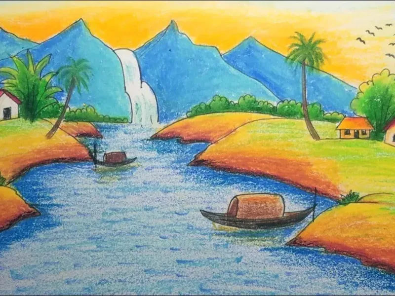 Thiên nhiên thác nước núi non và thuyền nhỏ