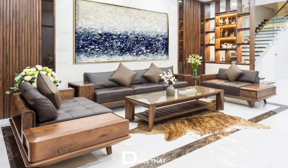 Phòng khách hiện đại với nội thất gỗ tối giản