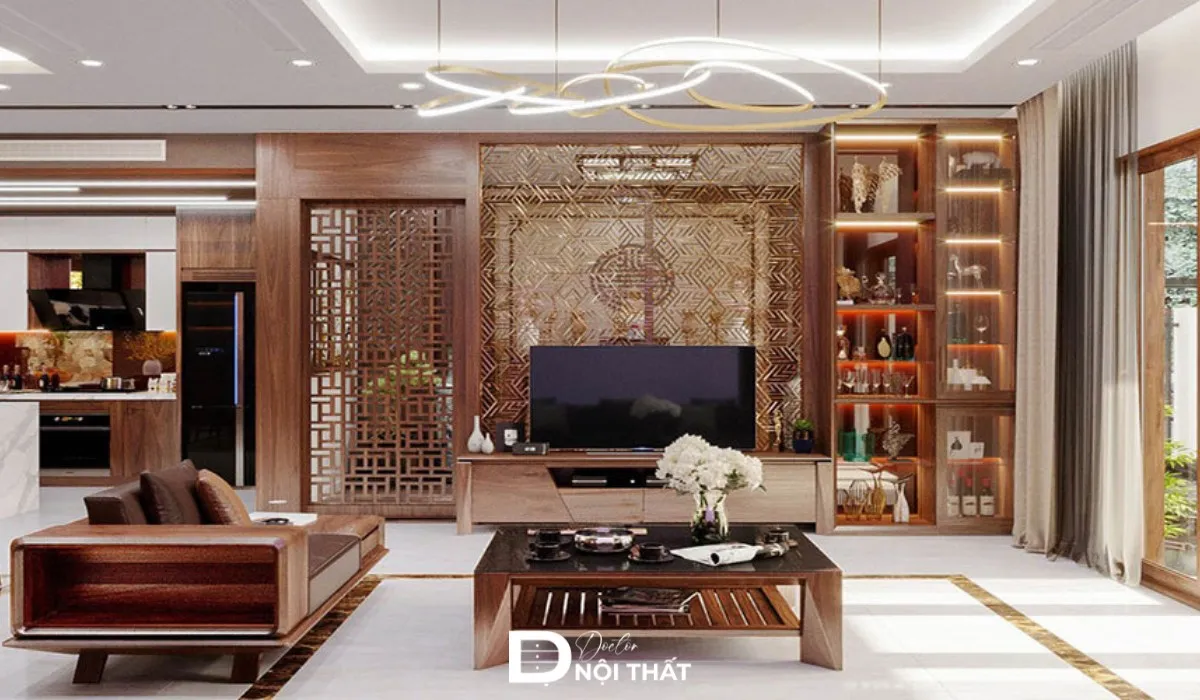 Vách ngăn phòng khách bằng gỗ tự nhiên
