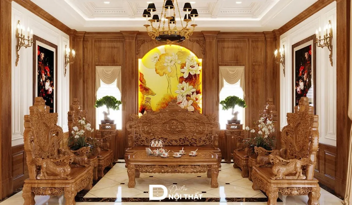 Bộ sofa gỗ với hoa văn chạm khắc tinh xảo