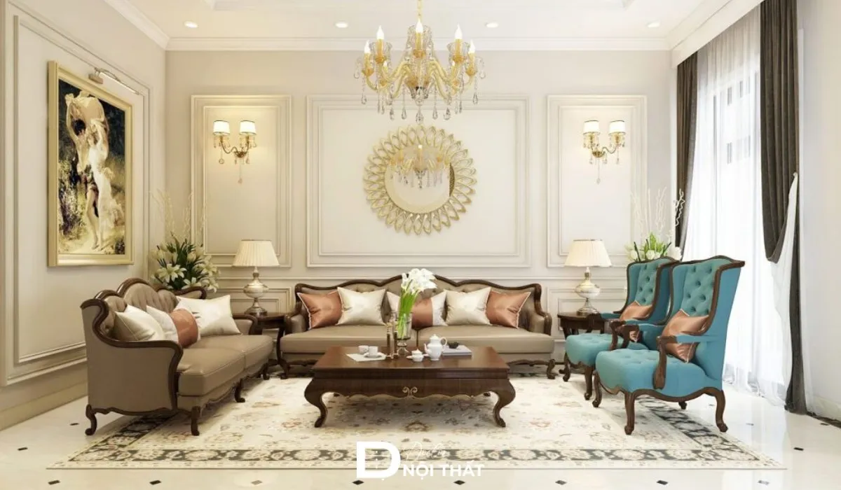 Phòng khách tân cổ điển với chi tiết dát vàng