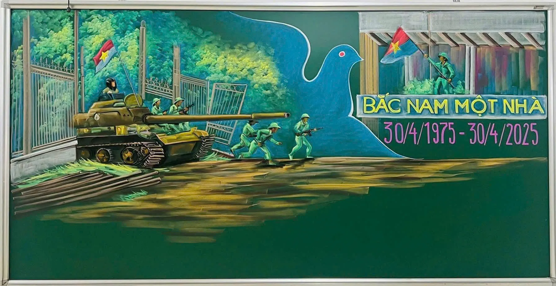 Thời khắc lịch sử thống nhất đất nước được tái hiện qua tranh vẽ quốc khánh