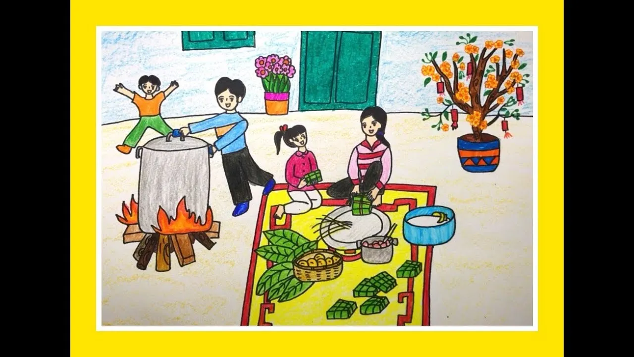 Tìm hiểu công thức và quy trình gói bánh chưng qua các mẫu ảnh vẽ tranh ngày tết