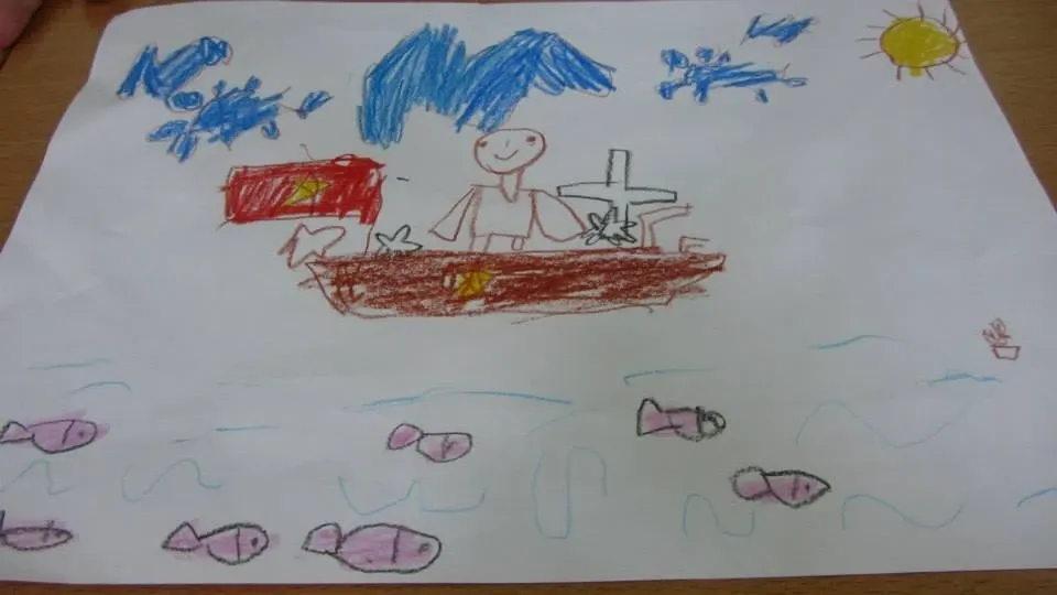 Tình cảm gia đình trong bức tranh vẽ học sinh lớp 1 gửi ra đảo