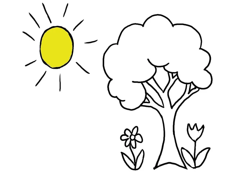 Bé tập tô màu ông mặt trời tỏa nắng vàng rực rỡ