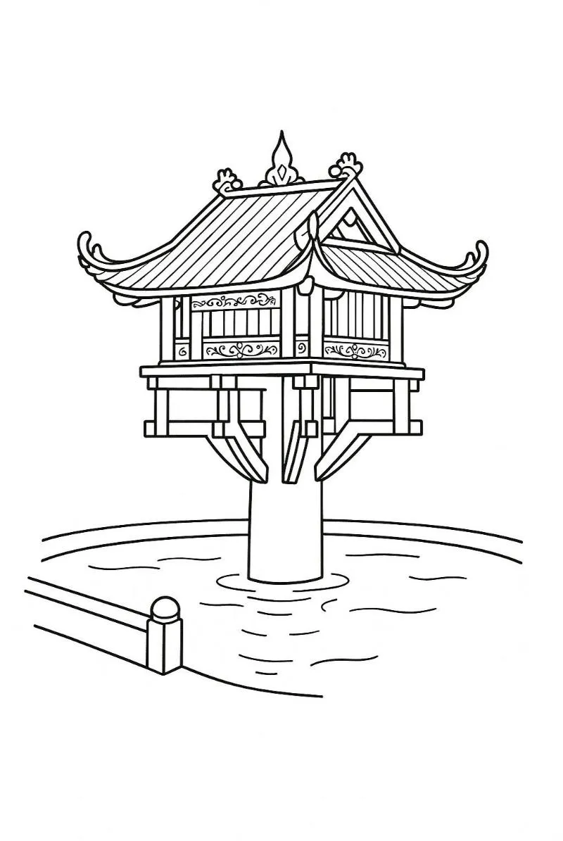 Tranh tô màu Chùa Một Cột cổ điển với nét vẽ chi tiết, phù hợp cho trẻ trên 7 tuổi