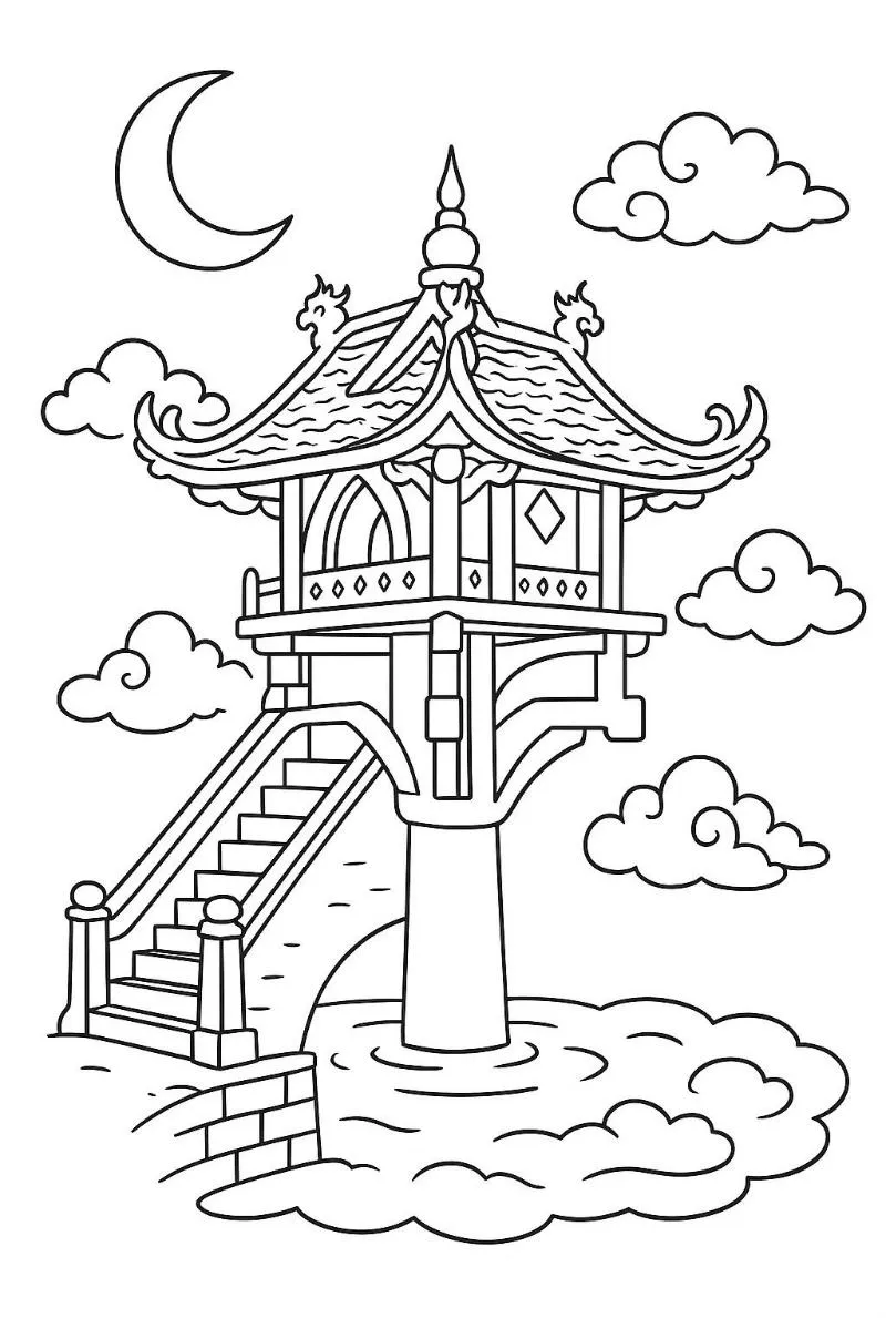 Tranh tô màu Chùa Một Cột cổ tích với hoa sen và hồ nước, phù hợp cho hoạt động nhóm