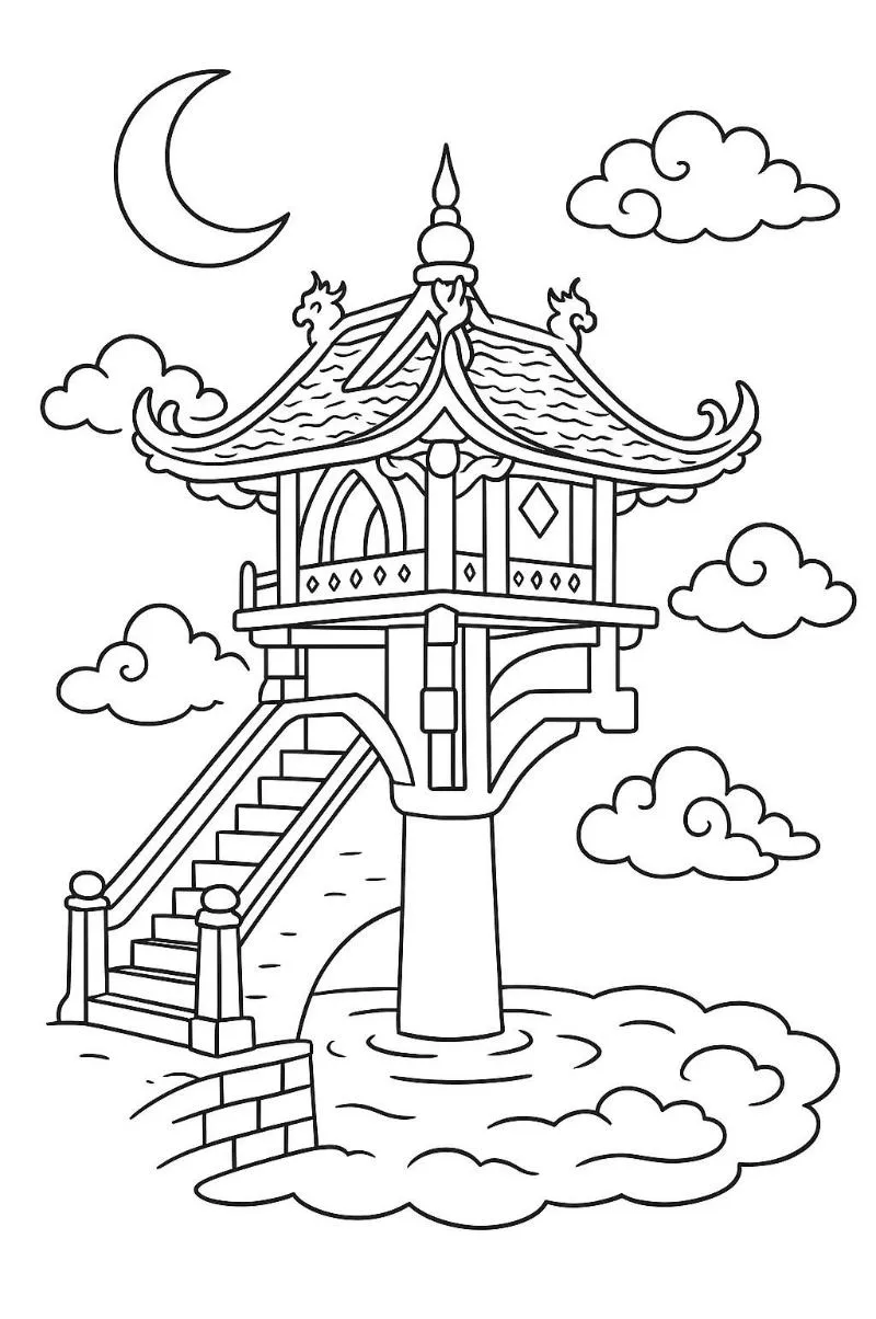 Tranh tô màu Chùa Một Cột phong cách cổ tích, có thêm nhân vật và cây cối