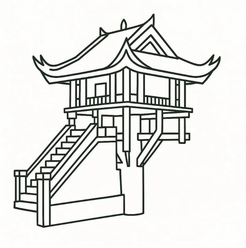 Tranh tô màu Chùa Một Cột phong cách hiện đại, nét vẽ rõ ràng cho trẻ tiểu học