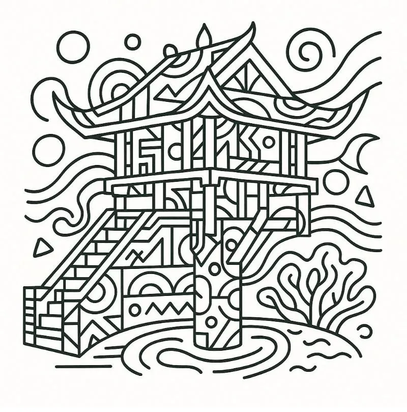 Tranh tô màu Chùa Một Cột nghệ thuật trừu tượng, phù hợp cho trẻ lớn hơn 8 tuổi