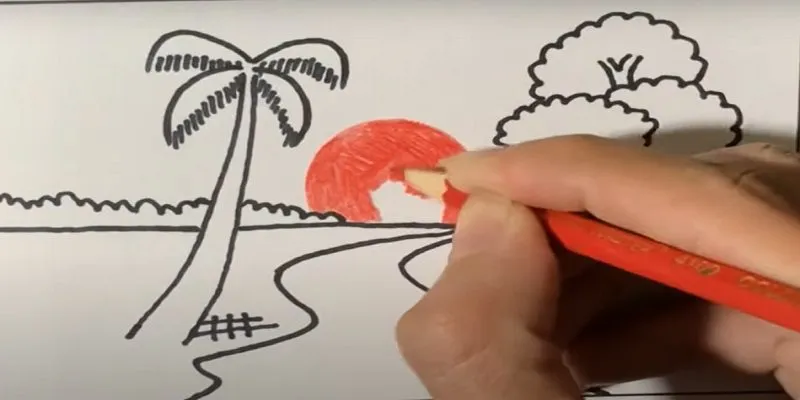 Tô màu đỏ rực cho ông mặt trời tạo điểm nhấn ấm áp