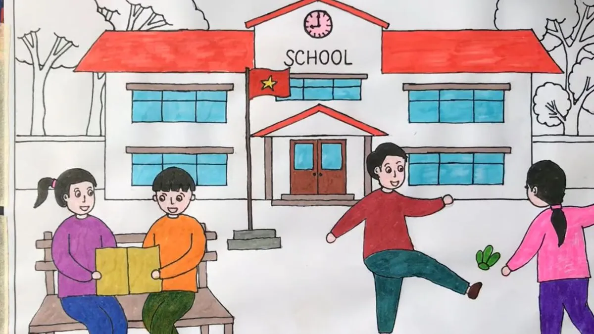 Tô màu là bước cuối cùng để hoàn thiện bài vẽ tranh trường học đơn giản