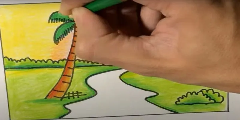 Tô màu xanh đậm cho tán lá dừa thêm phần sắc nét