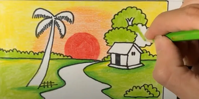 Tô màu xanh lá cho các tán cây và bụi cây trong tranh