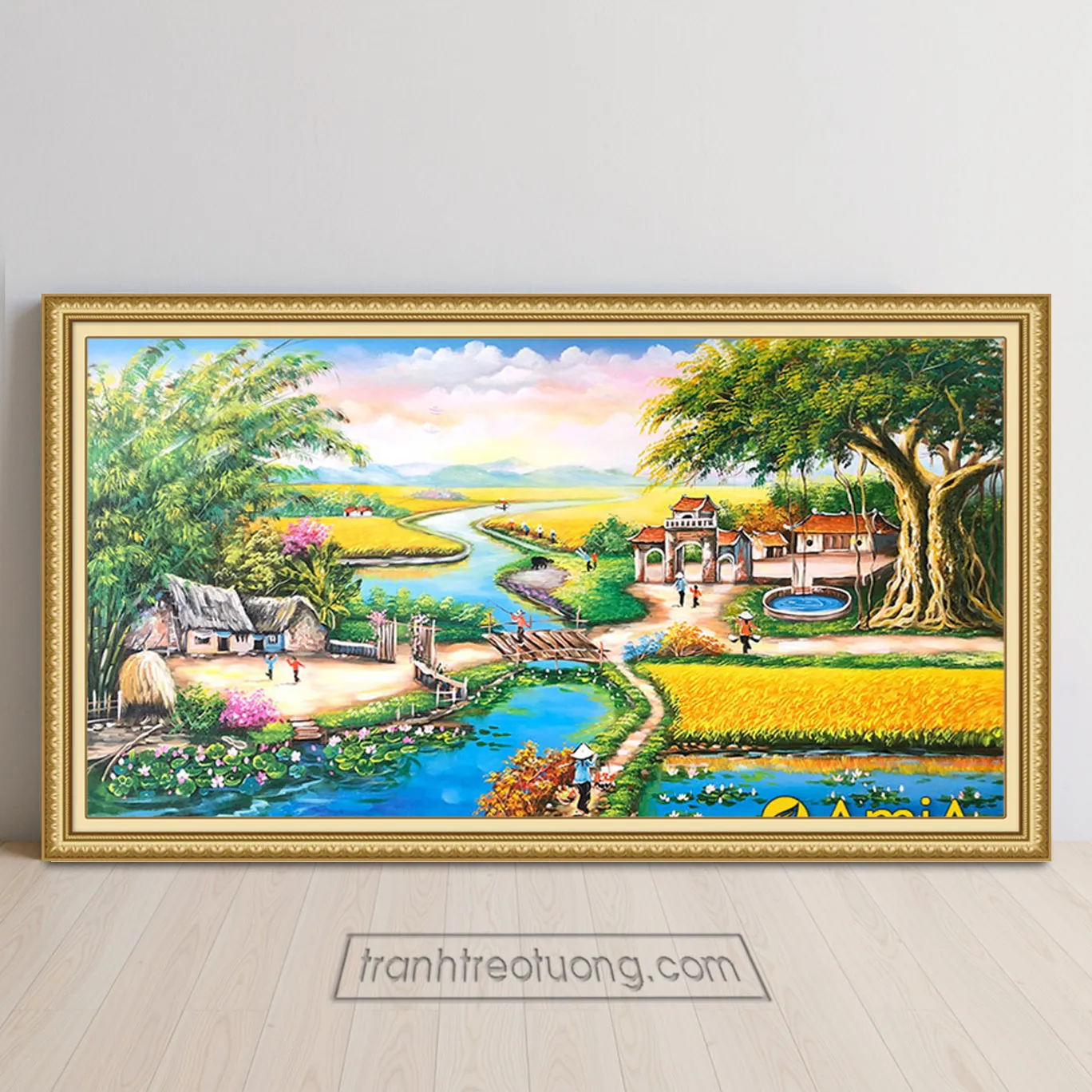 Toàn cảnh đồng quê Việt Nam với cây đa giếng nước sân đình và lúa chín vàng