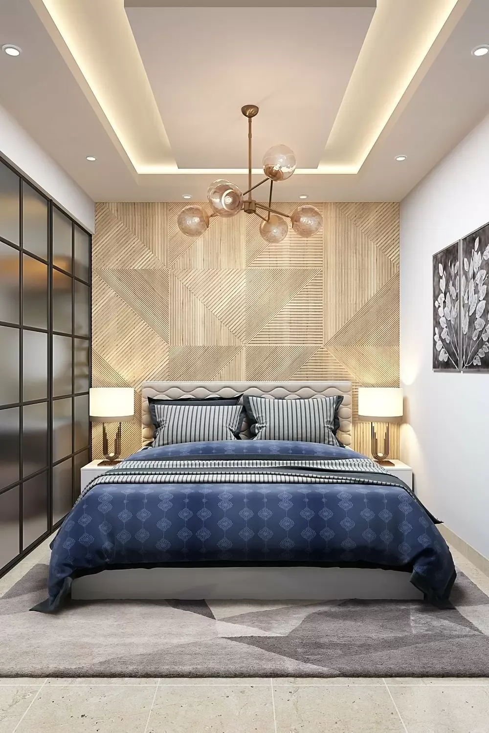 Phòng ngủ vợ chồng lãng mạn với ánh sáng âm trần