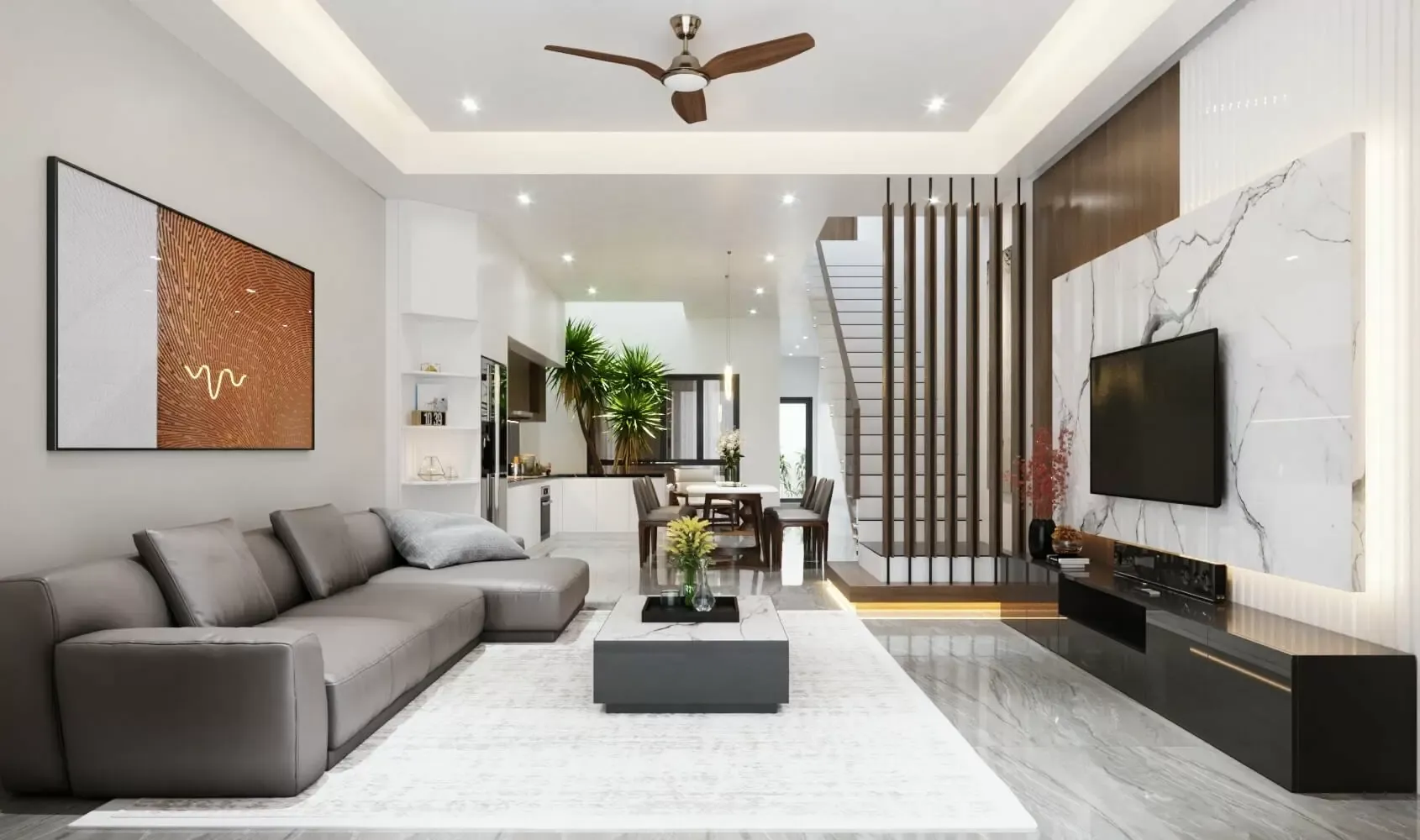 Trần thạch cao hiện đại sử dụng tone màu trắng tinh khôi