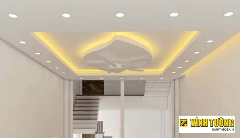 Họa tiết trần thạch cao 3 cấp độc đáo ấn tượng cho sảnh lớn