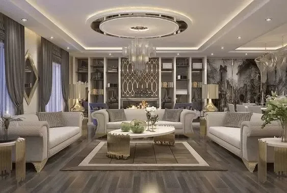 Không gian phòng khách tích hợp phòng đọc sách với trần thạch cao