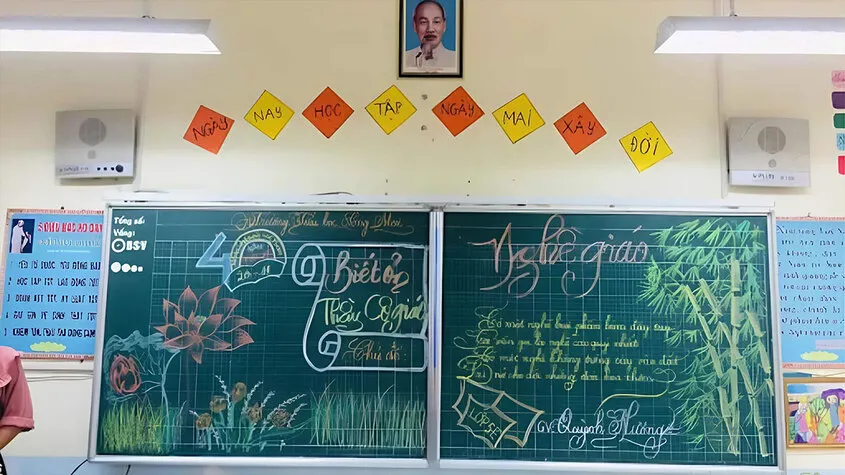 Mẫu bảng kết hợp vẽ hình chân dung thầy cô giáo