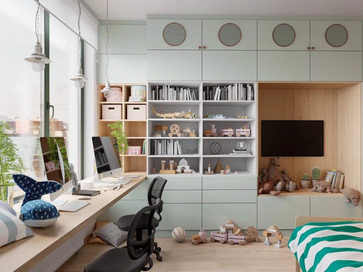 Kệ sách tích hợp bàn làm việc giúp tối ưu hóa diện tích sử dụng