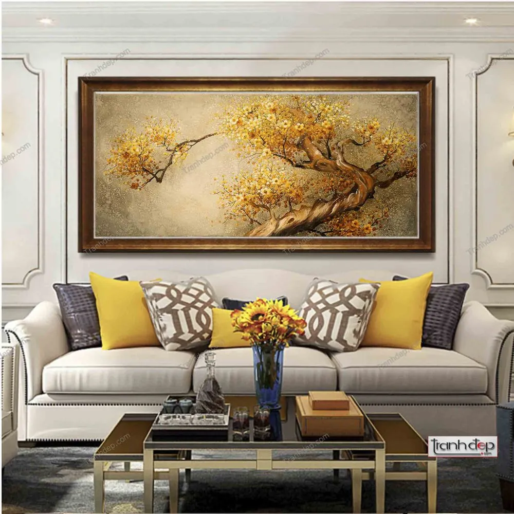 Trang trí phòng khách sang trọng với bức tranh hoa mai vàng ấn tượng