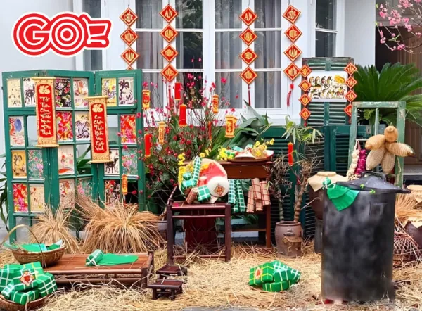 Tiểu cảnh Tết với mô hình dưa hấu, bánh chưng và bánh tét