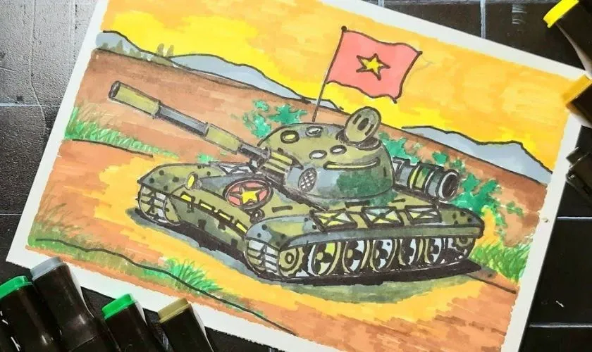 Tranh 30/4 đơn giản chủ đề xe tăng
