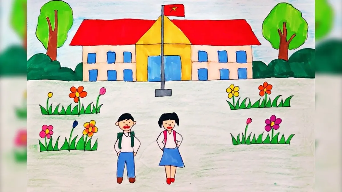 tranh đẹp dễ vẽ mẫu số 10 minh họa trường học hai tầng