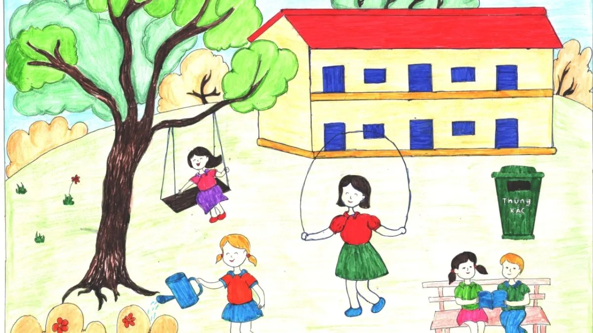 tranh đẹp dễ vẽ mẫu số 3 tập trung vào không gian sân trường