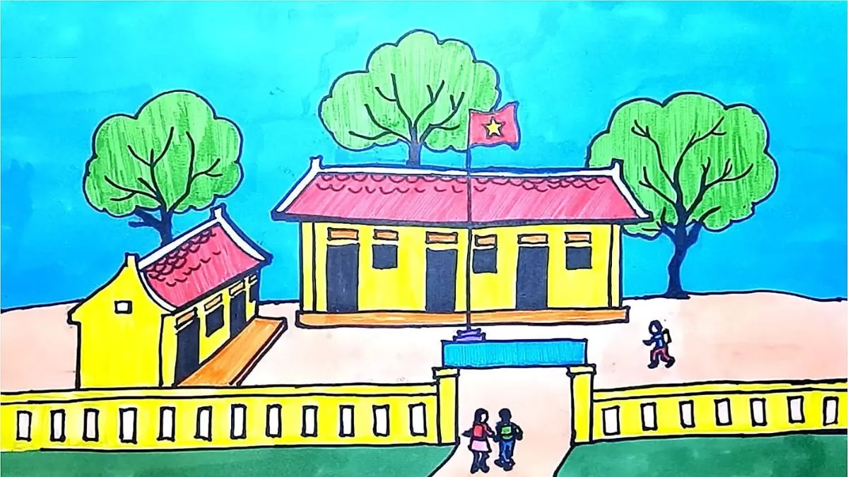 tranh đẹp dễ vẽ mẫu số 5 với mái ngói đỏ truyền thống