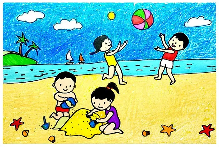 Tranh đơn giản về khoảnh khắc vui chơi trên bãi biển
