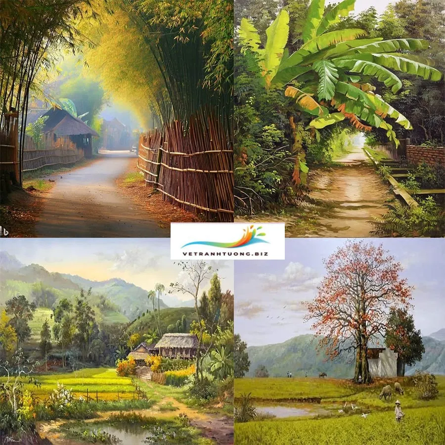 Tranh đồng quê đẹp với màu sắc rực rỡ tạo điểm nhấn cho không gian