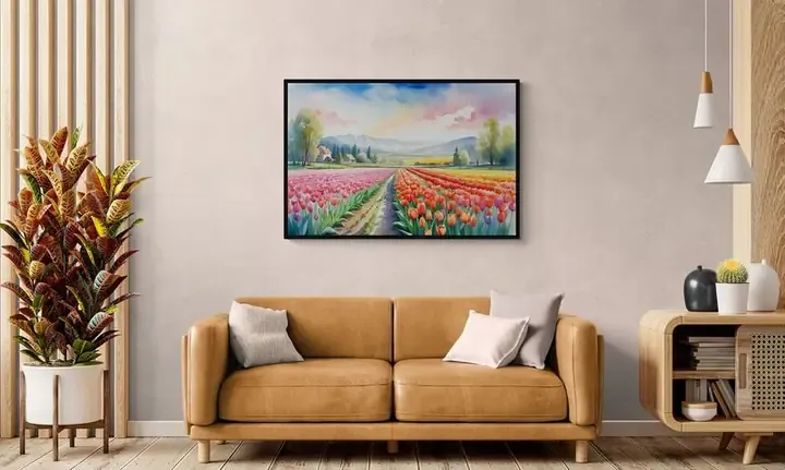 Tranh in canvas hiện đại mô phỏng tranh vẽ cánh đồng hoa tulip đẹp mắt