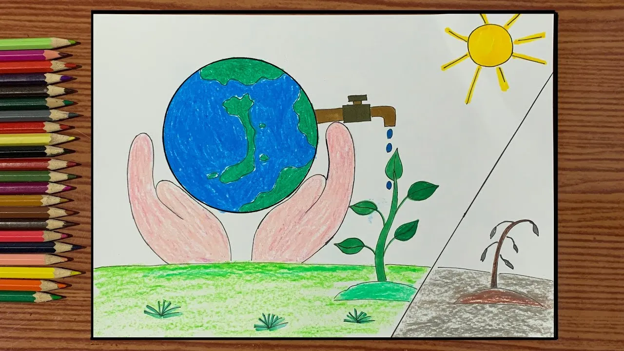 Tranh mẫu 1: Ý tưởng vẽ tranh chủ đề tiết kiệm điện, nước