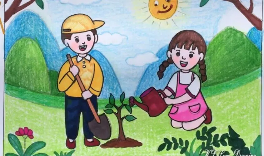 Tranh mẫu 10: chủ đề vẽ tranh trồng cây gây rừng