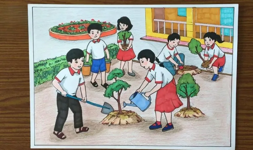 Tranh mẫu 5: chủ đề vẽ tranh trồng cây gây rừng