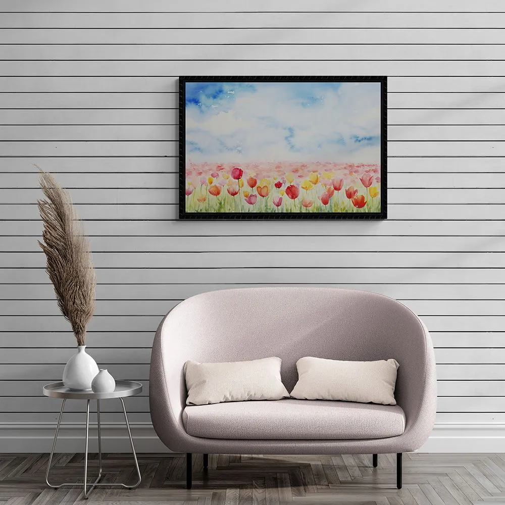 Tranh màu nước tái hiện cánh đồng hoa tulip rực rỡ sắc màu