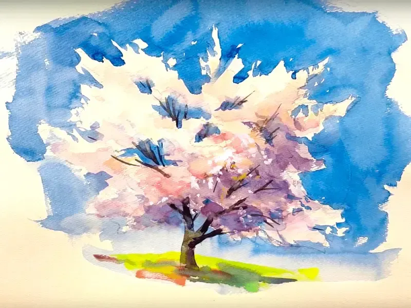 Tranh màu nước đơn giản với hiệu ứng loang nhẹ tạo chiều sâu tinh tế và mềm mại.