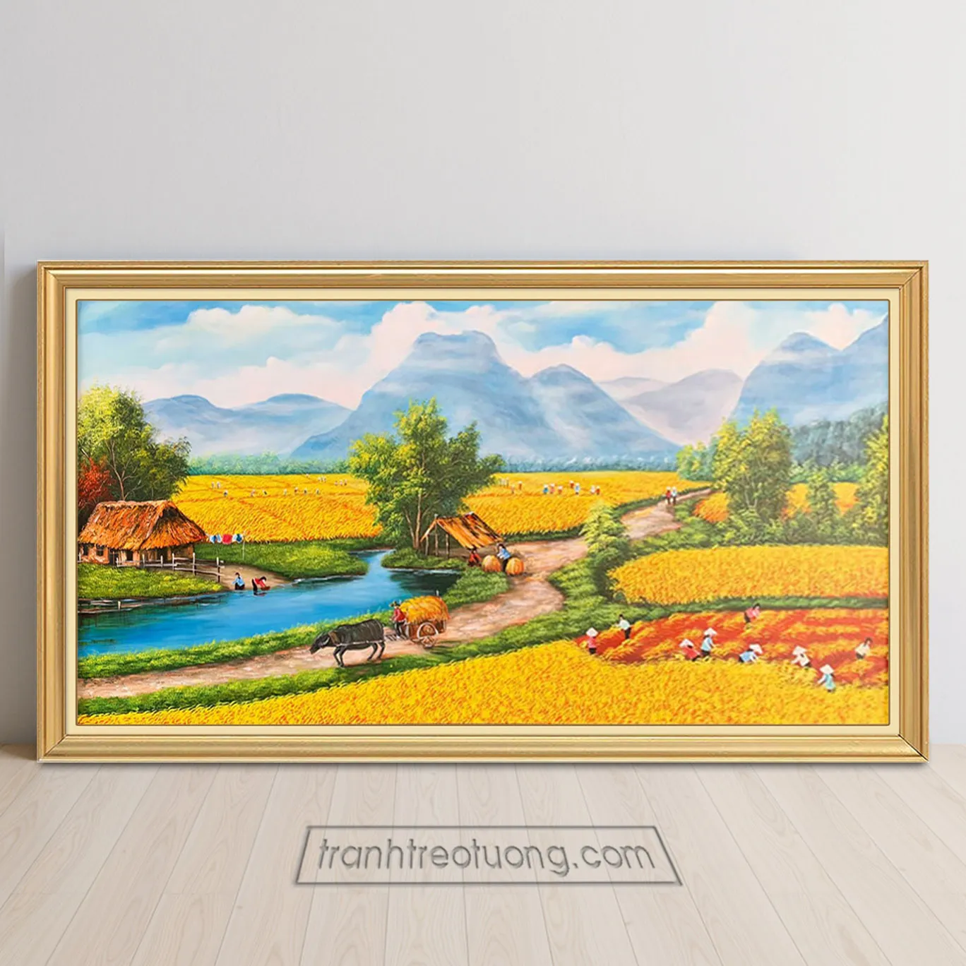 Tranh phong cảnh đồng quê với dòng sông uốn lượn và núi non mờ ảo phía xa