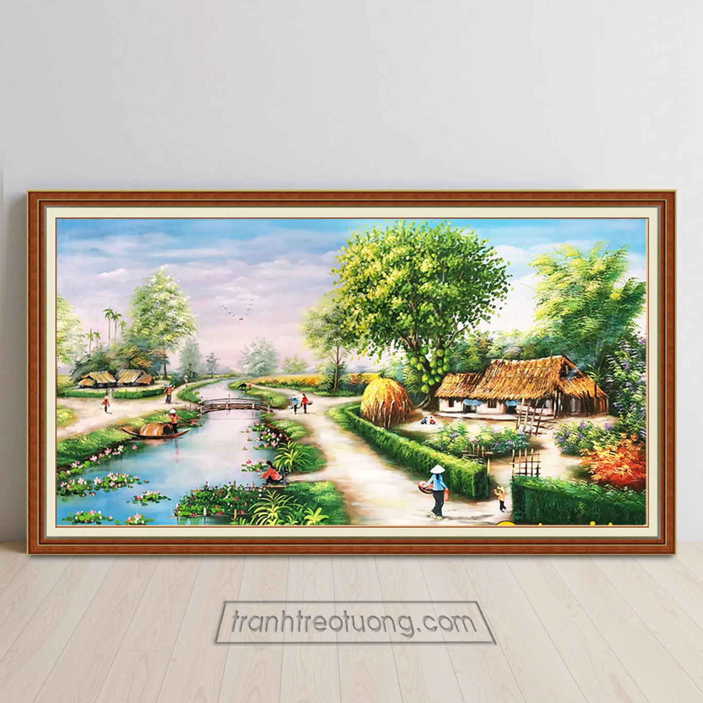 Tranh phong cảnh làng quê thanh bình với con đường đất và những ngôi nhà tranh