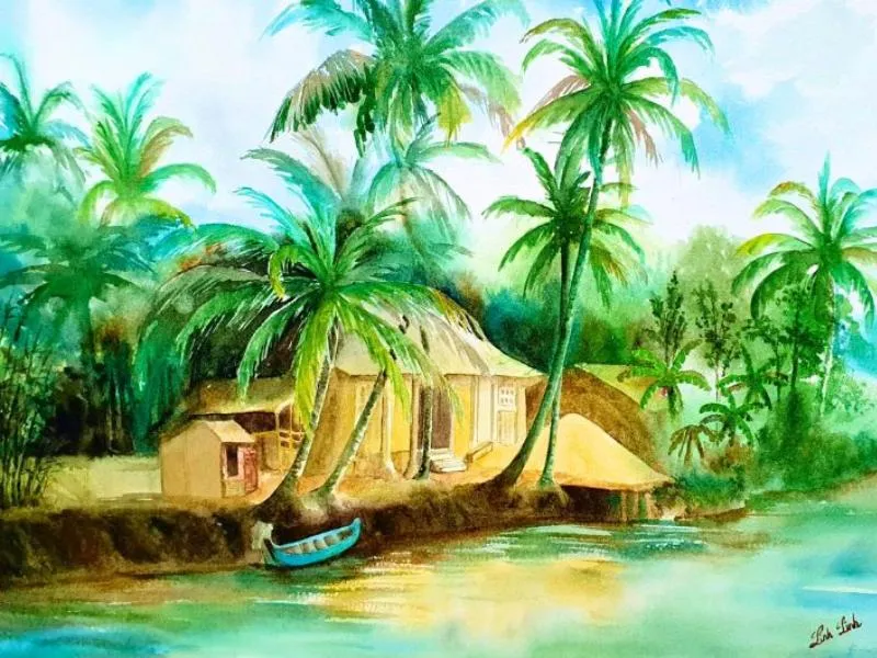 Mẫu tranh phong cảnh quê hương vẽ bằng màu nước với ánh sáng trong trẻo.