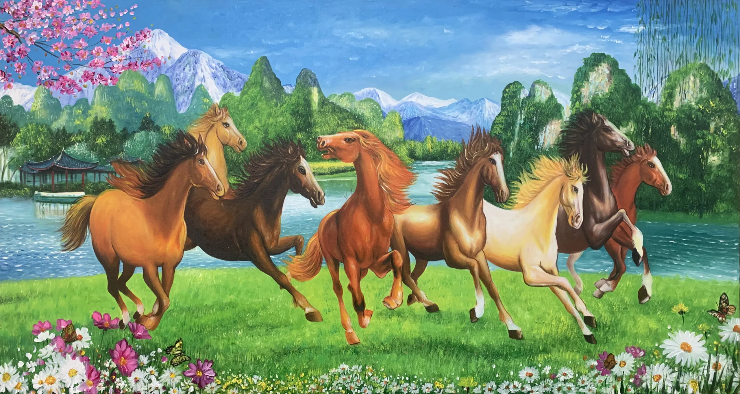 Tranh sơn dầu Bát mã khai xuân