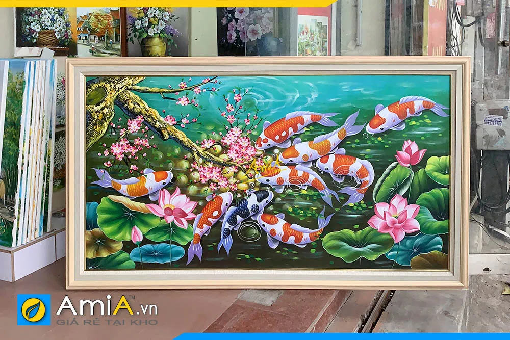 Tranh sơn dầu cá chép cửu ngư treo tường đẹp AmiA TSD 542