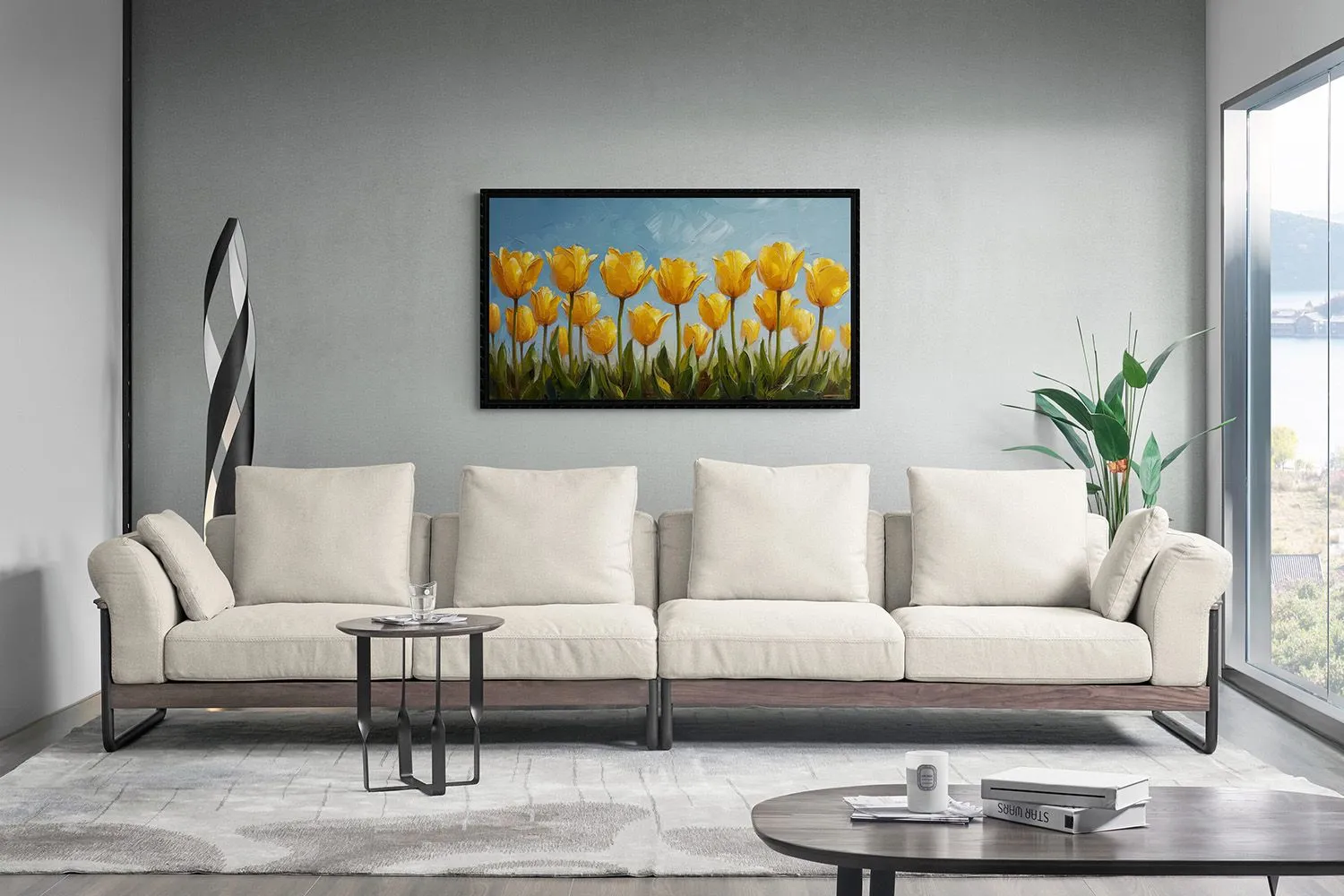 Tranh sơn dầu cánh đồng hoa tulip vàng rực rỡ dưới nắng