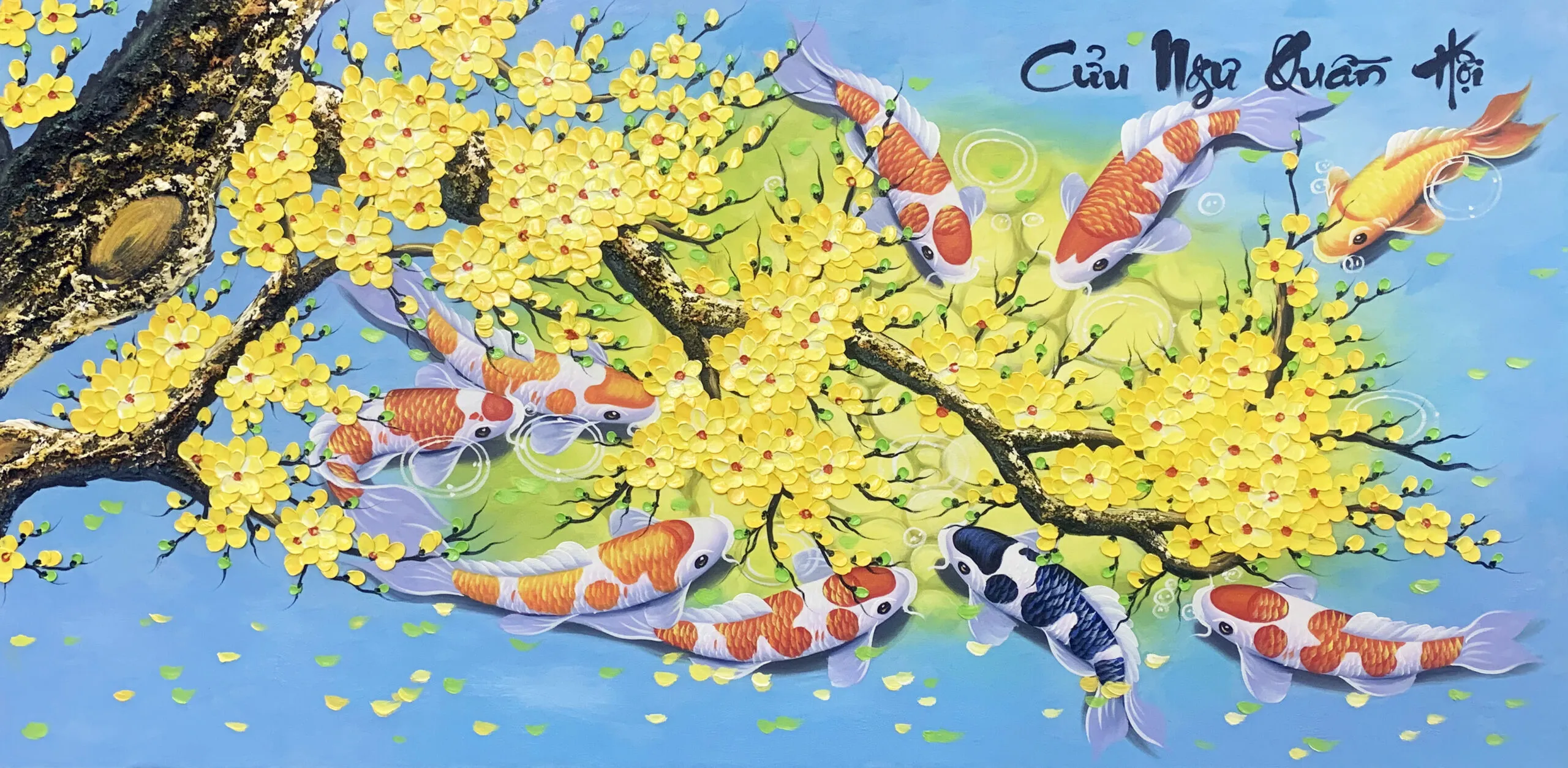 Tranh sơn dầu cửu ngư quần hội