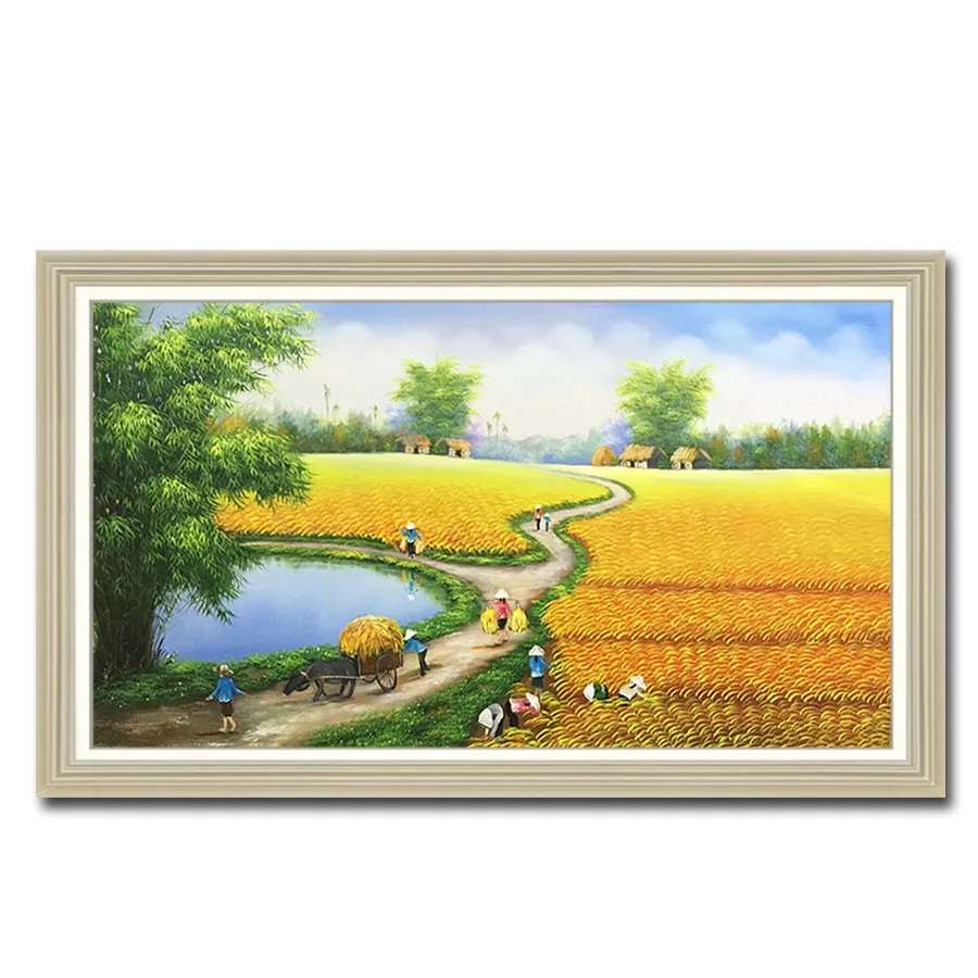 Tranh sơn dầu đẹp vẽ phong cảnh cánh đồng lúa quê hương