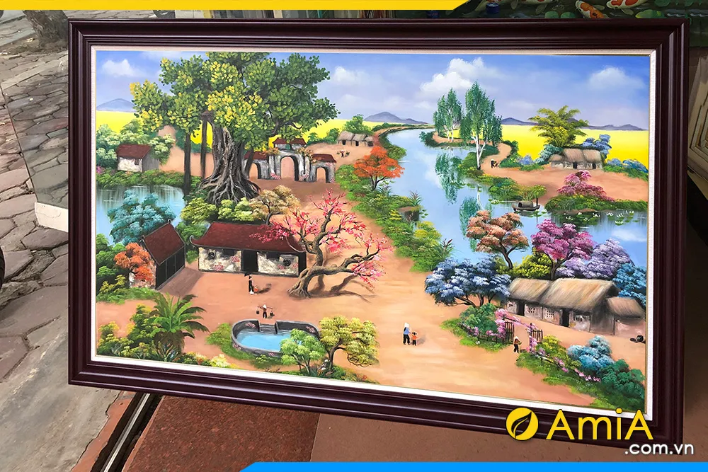 Tranh sơn dầu làng quê khổ nhỏ với khung cảnh đồng quê chân thực