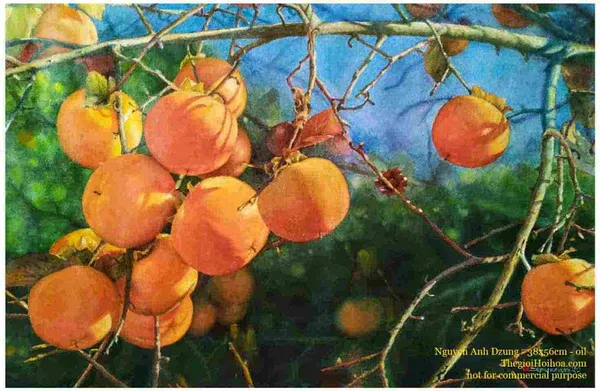 Tranh sơn dầu phong cảnh mùa hồng Đà Lạt rực rỡ của họa sĩ Nguyễn Anh Dũng