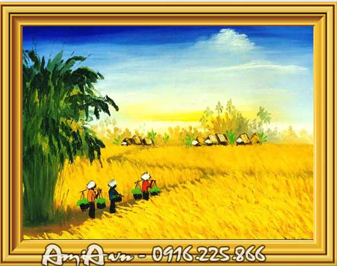Tranh sơn dầu vẽ phong cảnh làng quê cánh đồng lúa chín đem đến không gian rực rỡ đầy tinh tế